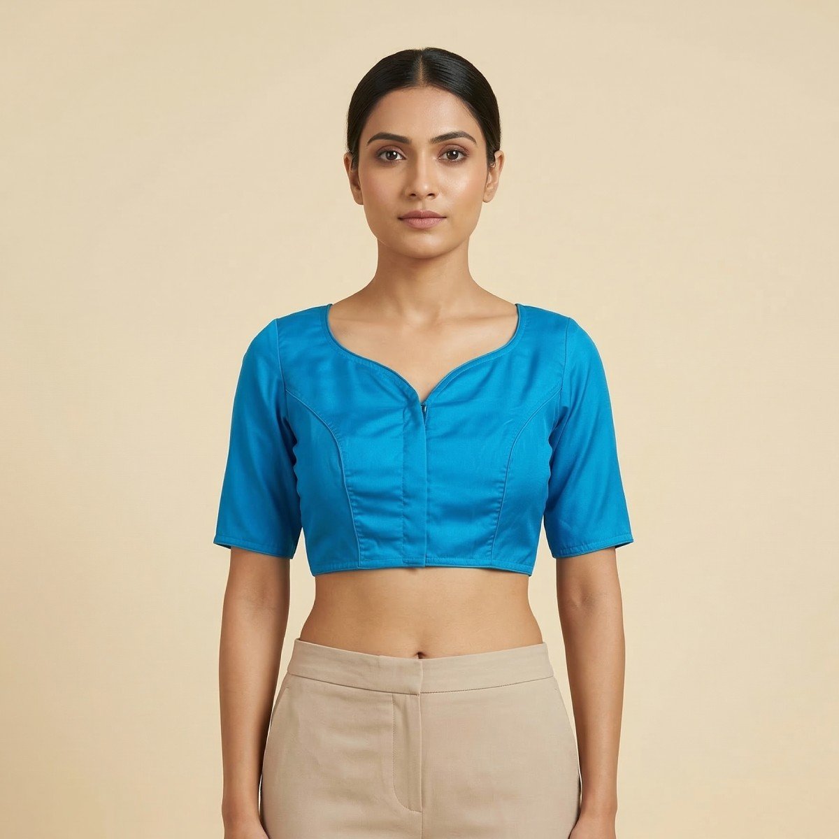 Featured image for “Sky Blue Satin Cotton Paan Gala Blouse”