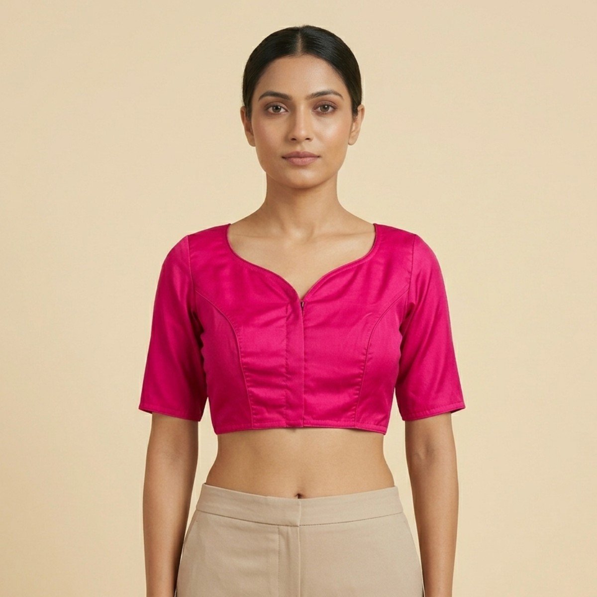 Featured image for “Pink Satin Cotton Paan Gala Blouse”